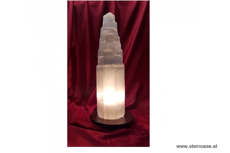 Selenit Lampe 'Turm'  + LED + Marmorsockel